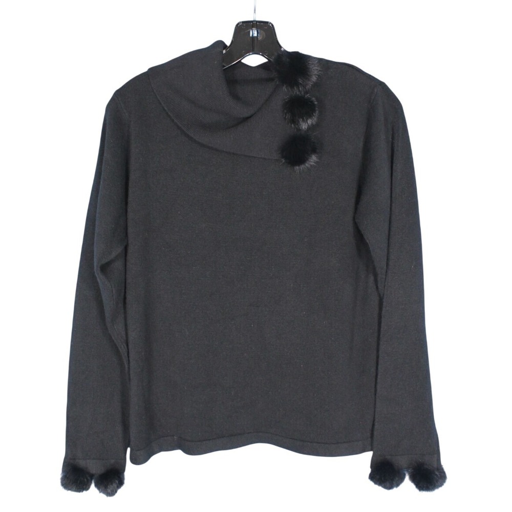 VTG TALLY HO Black Cowl Neck Sweater RABBIT FUR POM POM TRIM Soft Midweight  M